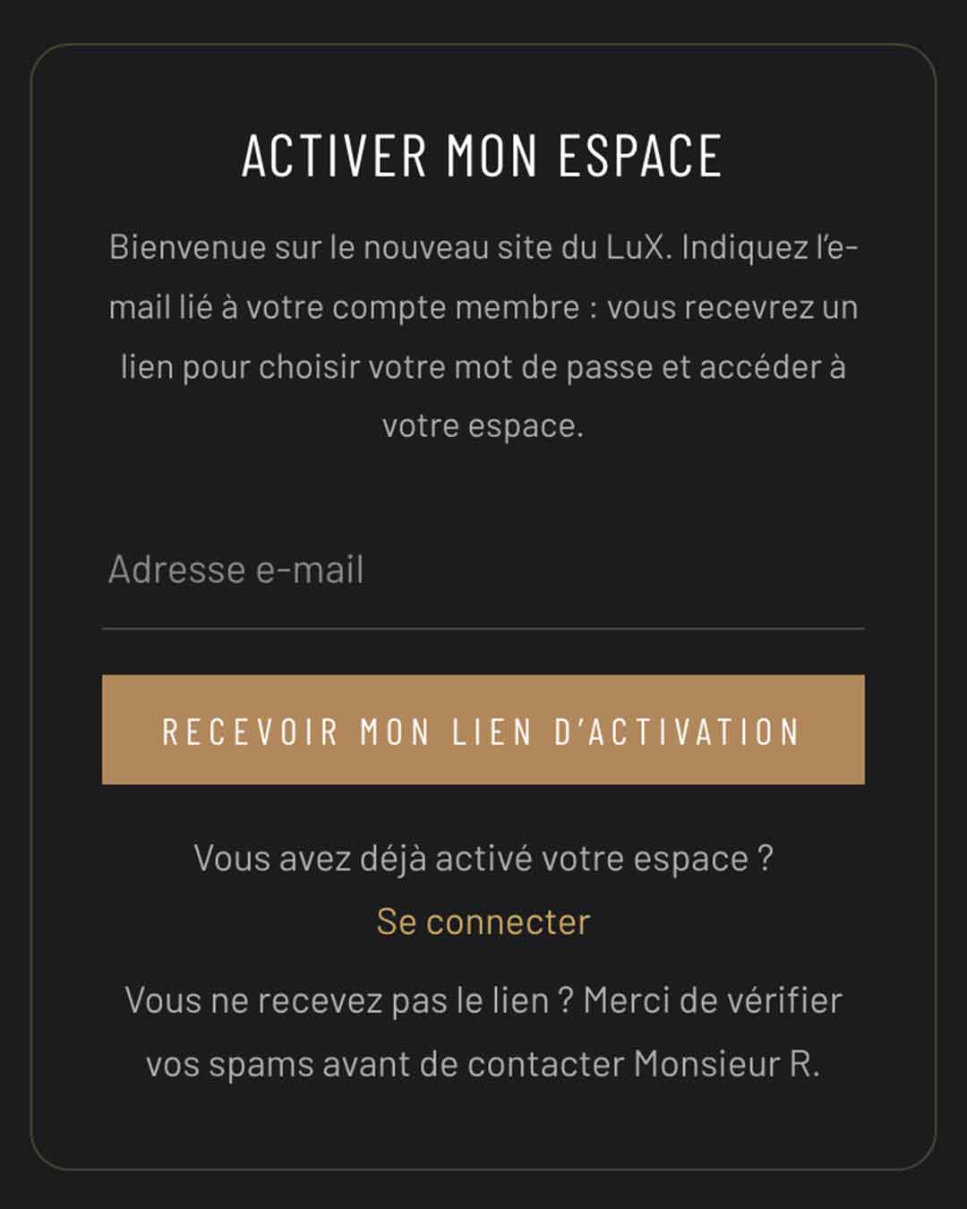 La page Activer mon espace, avec le champ adresse e-mail