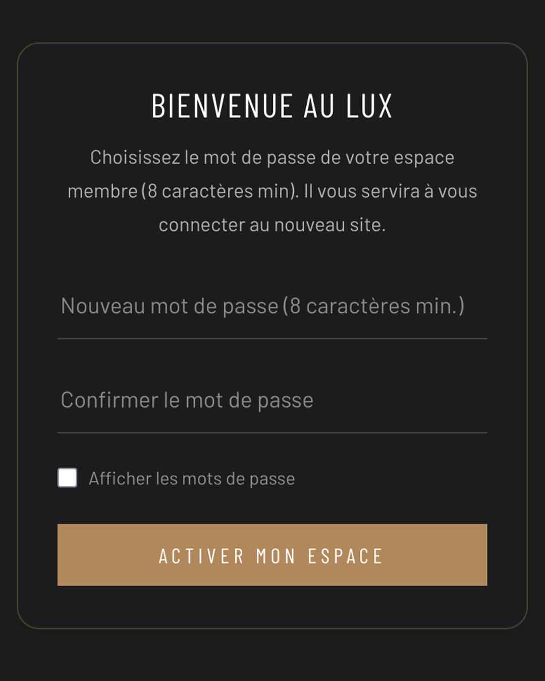 La page Bienvenue au LuX, où l’on choisit son mot de passe