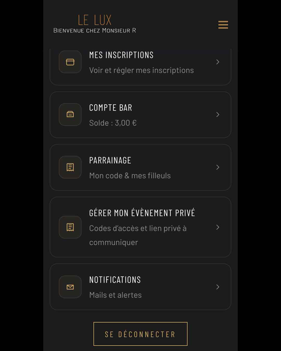Les rubriques de l’espace membre : mes inscriptions, compte bar, parrainage, notifications
